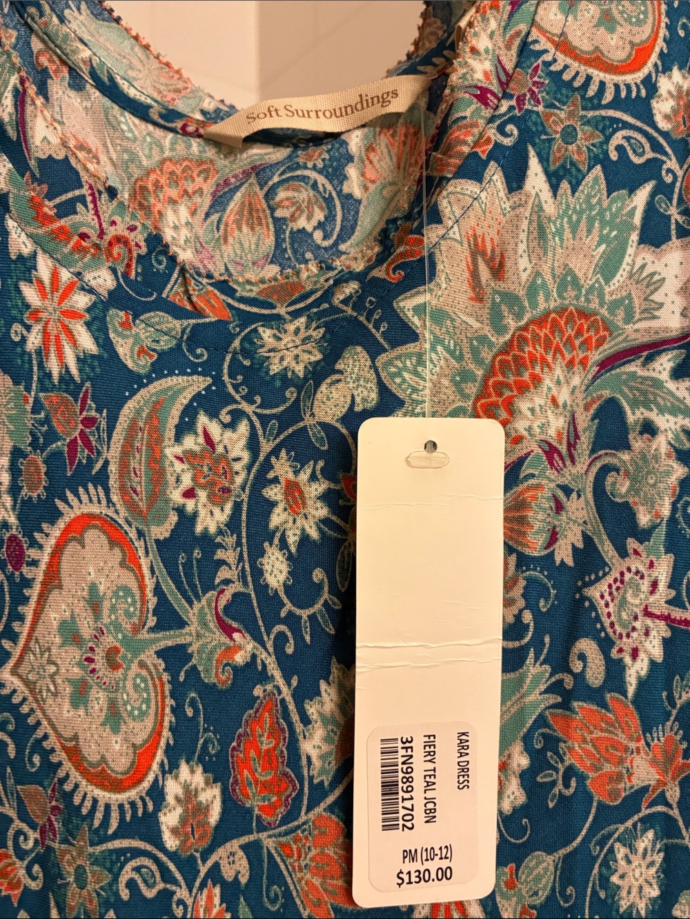 Soft Surroundings Kara Dress Teal Jacobean Blue Floral Midi Tiered M petite NWT - Picture 4 of 6